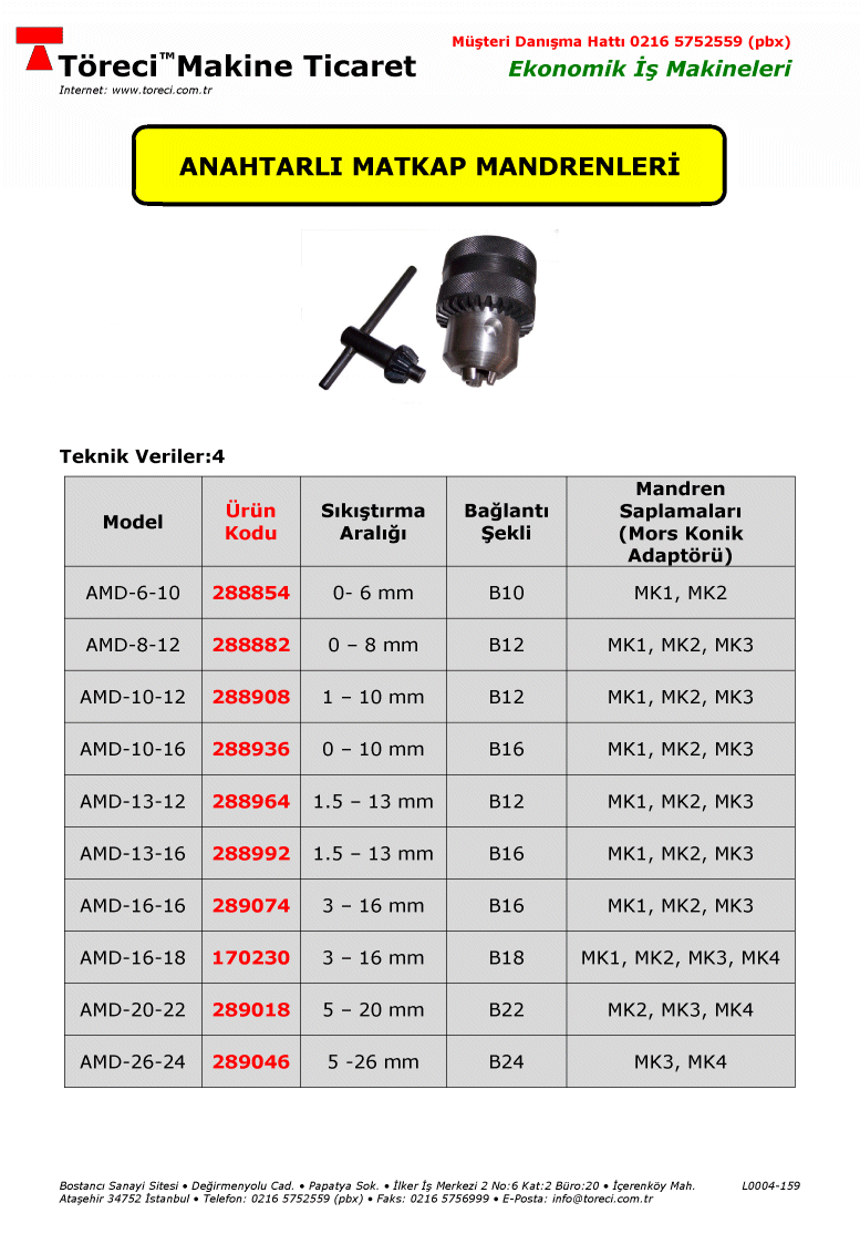 6 - 26 mm sıkma kapasiteli mors konik bağlantılı matkap, torna ve freze de kullanılabilir mandren.
