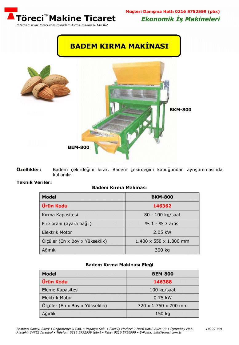 100 kg/saat kırma kapasiteli elekli 1 beygir motorlu badem kırma makinası.