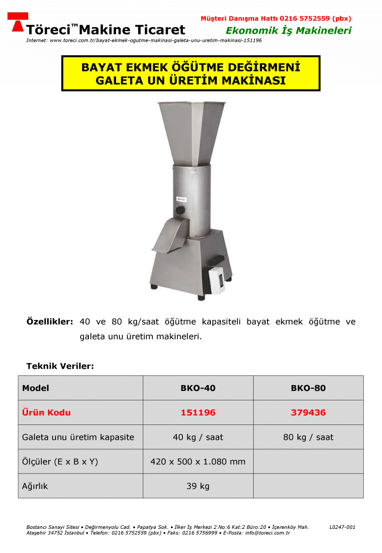 40 ve 80 kg/saat öğütme kapasiteli bayat ekmek öğütme ve galeta unu üretim makinaları.