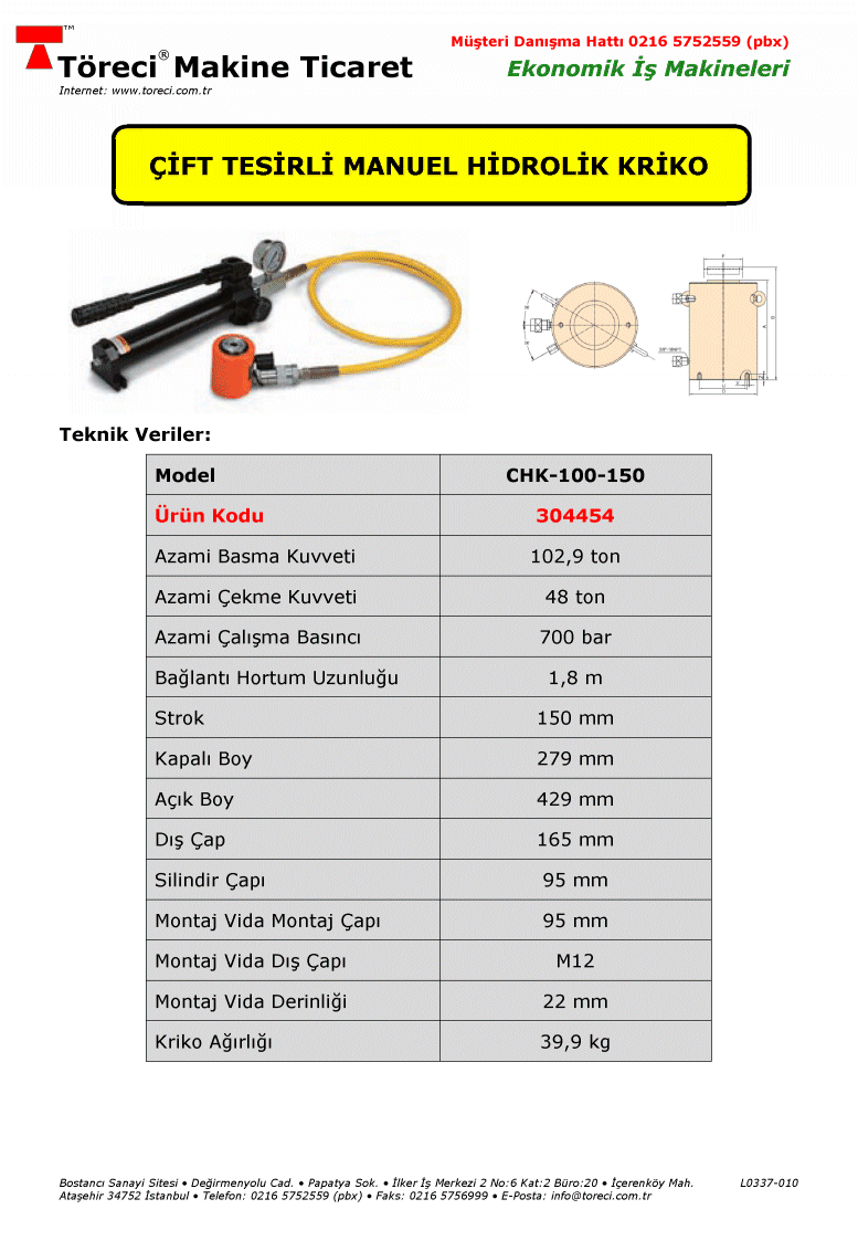 102.9 ton çekme ve 48 ton basma kapasiteli 150 mm kurslu çift tesirli manuel hidrolik kriko.