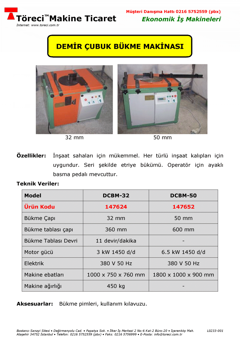32 ve 50 mm bükme kapasiteli demir çubuk bükme makinası.
