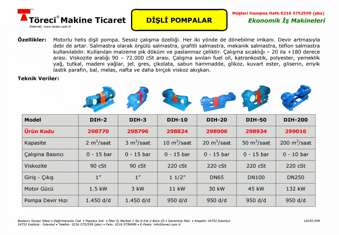 2 - 200 m3/saat kapasiteli yüksek viskoziteli sıvılar için uygun dişli pompa.