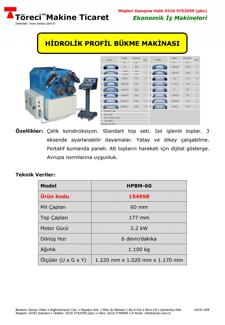 50 x 50 x 3 mm kare profil bükme kapasiteli 2.2 kW motorlu hidrolik profil bükme makinası.