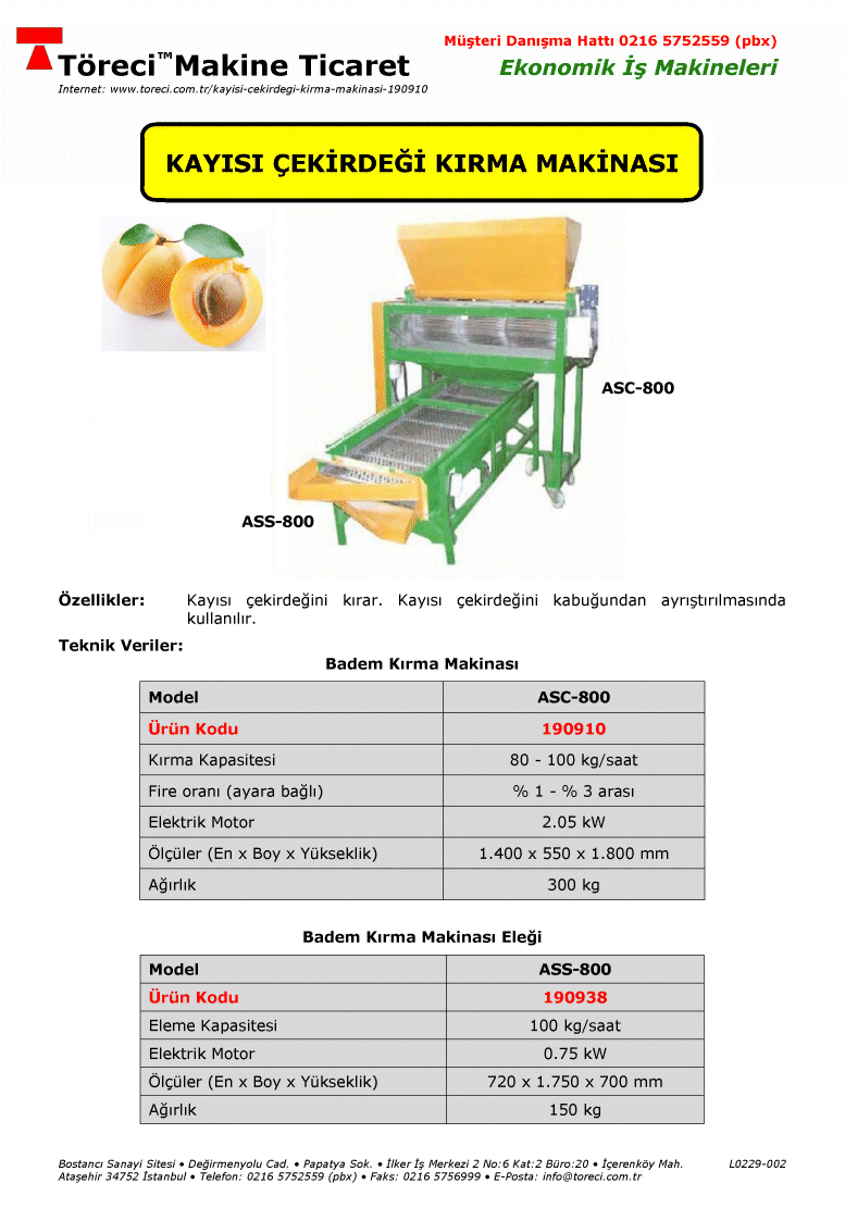 100 kg/saat kırma kapasiteli kayısı çekirdeği kırma makinası ve eleği.