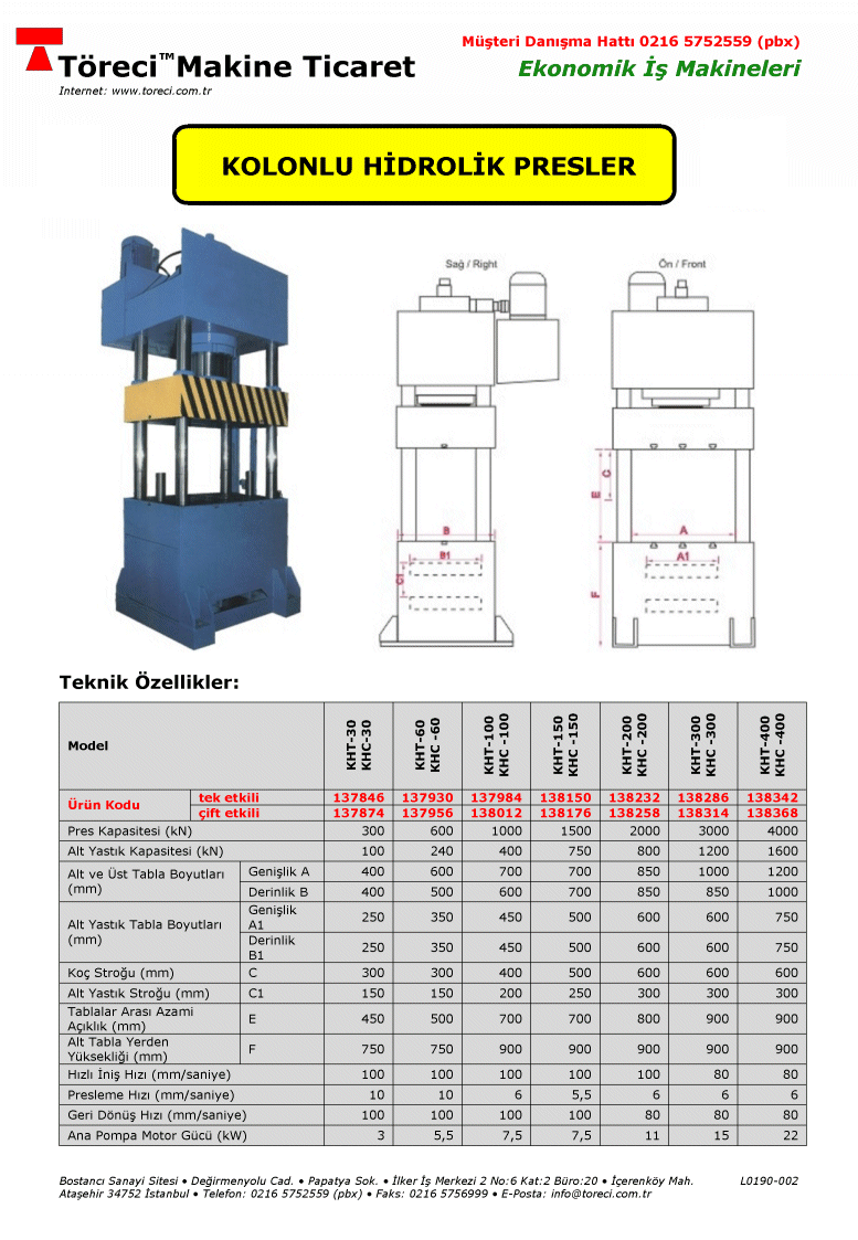 30 - 400 ton kapasiteli tek ve çift etkili kolonlu pres.