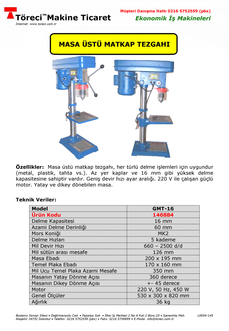 16 mm delme kapasiteli 450 W motorlu masaüstü matkap tezgahı.