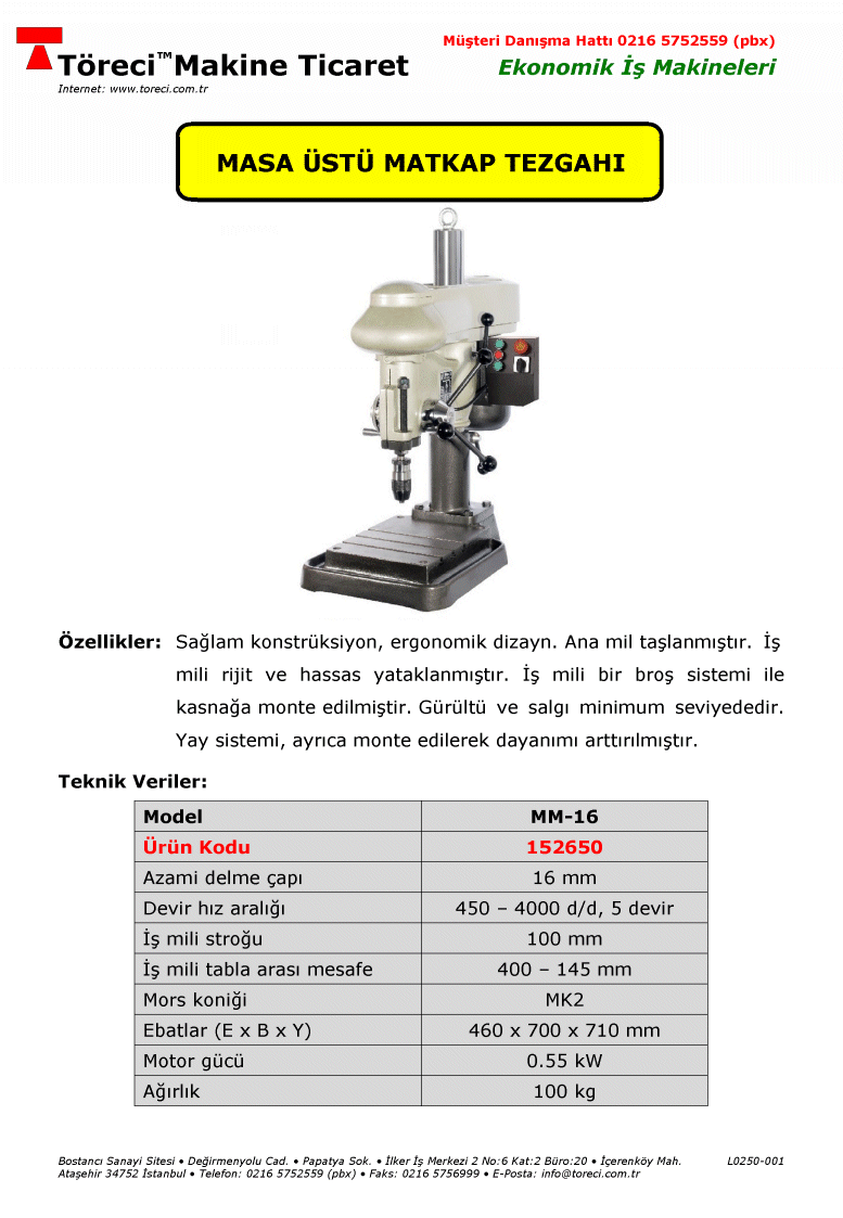 16 mm ve 20 mm delme kapasiteli masaüstü matkap tezgahı.