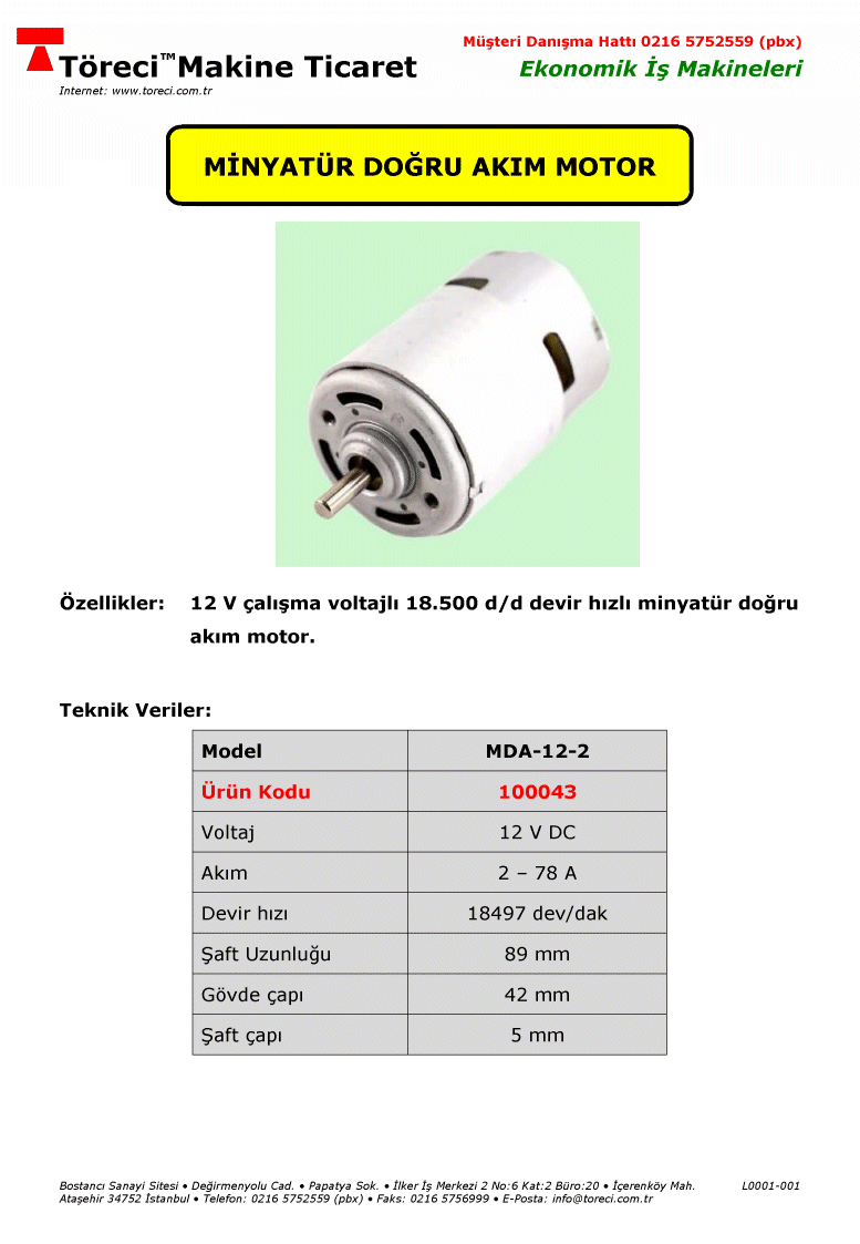 12 V çalışma voltajlı 18.500 d/d devir hızlı minyatür doğru akım motor.