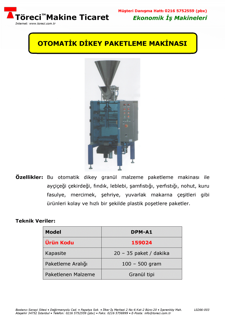 Bu otomatik dikey granül malzeme paketleme makinası ile ayçiçeği çekirdeği, fındık, leblebi, şamfıstığı, yerfıstığı, nohut, kuru fasulye, mercimek, şehriye, yuvarlak makarna çeşitleri gibi ürünleri kolay ve hızlı bir şekilde plastik poşetlere paketler.