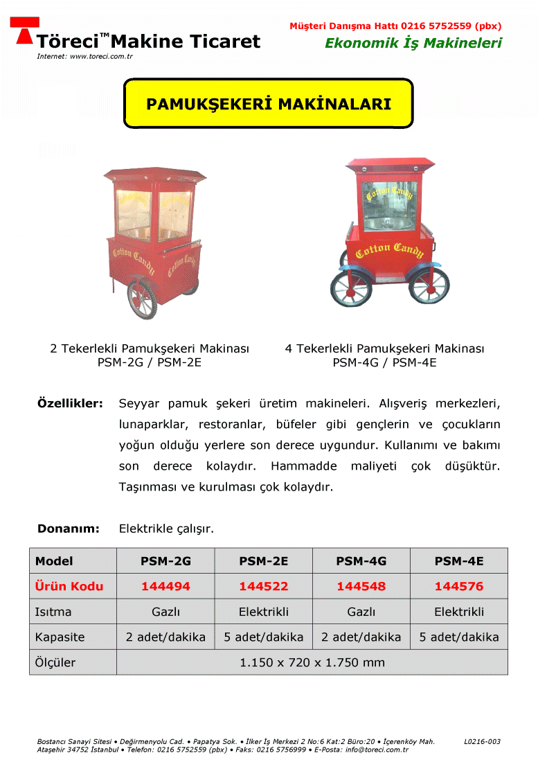 2 ve 5 pamuk şeker/dakika kapasiteli tüpgaz veya elektrik ısıtmalı arabalı pamuk şeker makinası.