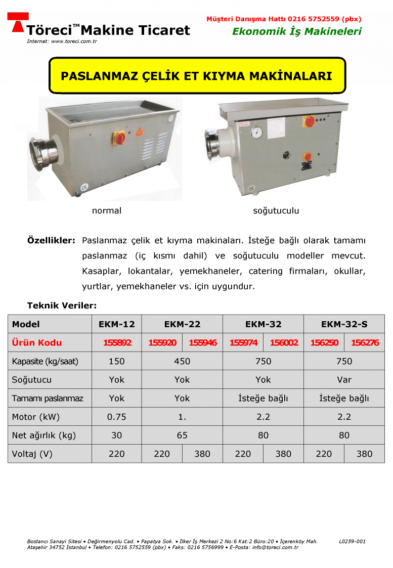 Paslanmaz Kıyma Makinası (12-22-32) 12lik, 22lik ve 32lik paslanmaz çelik et kıyma makinası.
