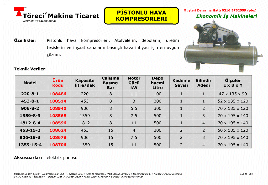 220 - 1812 litre/dakika kapasiteli pistonlu hava kompresörü.