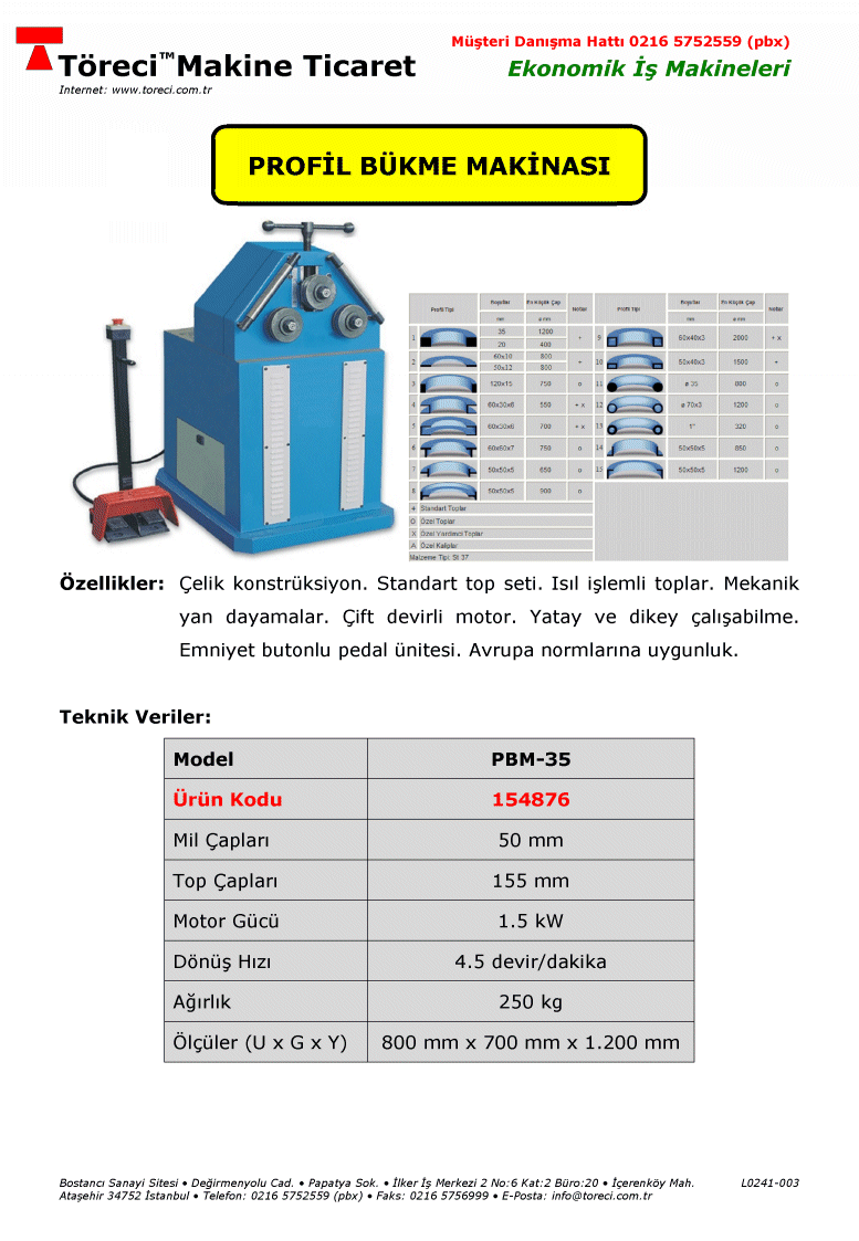 50 x 40 x 3 mm kutu profil bükme kapasiteli 1.5 kW motorlu profil bükme makinası.