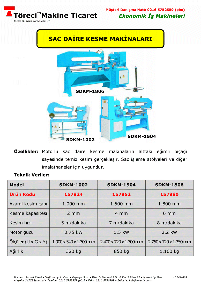 1.000 - 1.800 mm daire kesme kapasiteli motorlu sac daire kesme makinası.