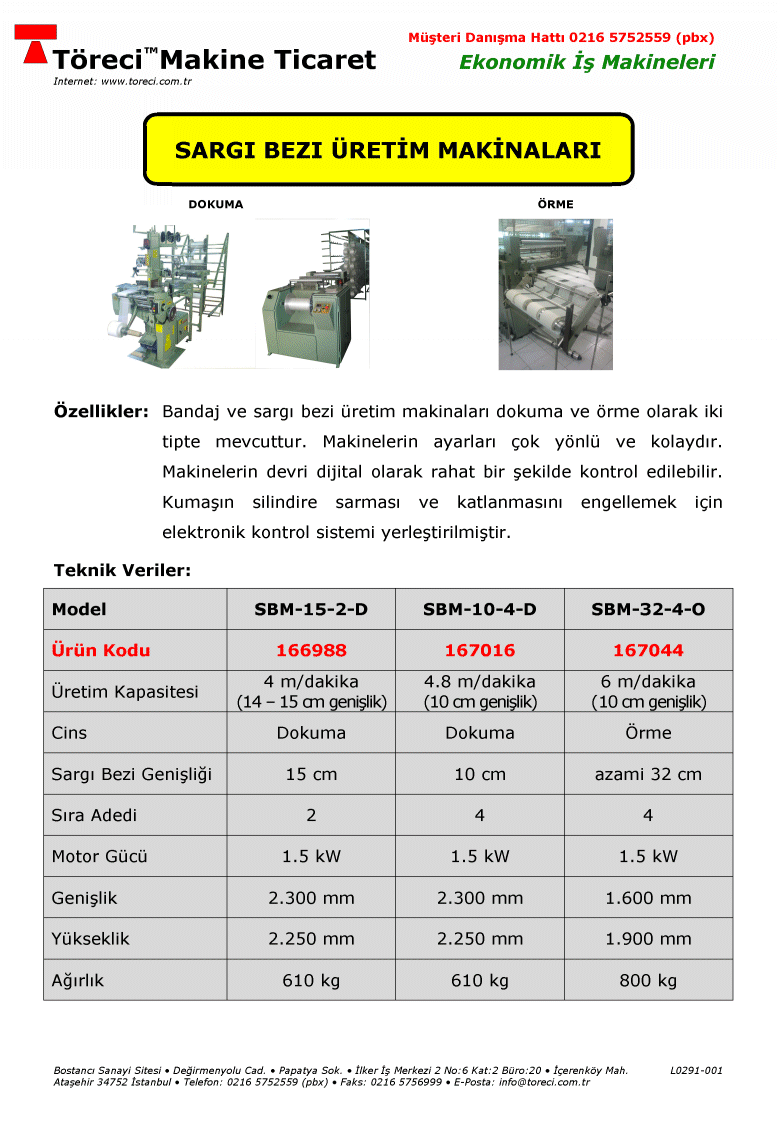 10 - 15 cm arası genişlikte ham sargı bezi dokuma ve örme makinaları.