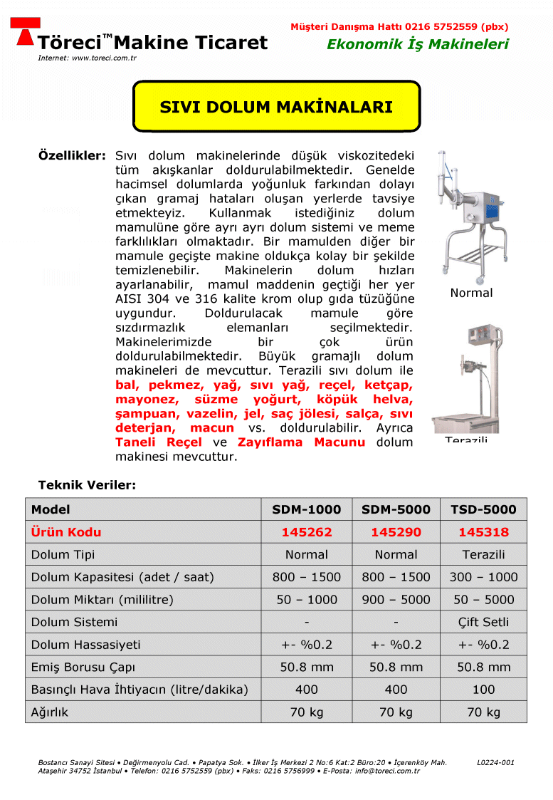 500 - 1.500 dolum/saat kapasiteli 50 - 5.000 mililitre dolum miktarlı sıvı dolum makinası.