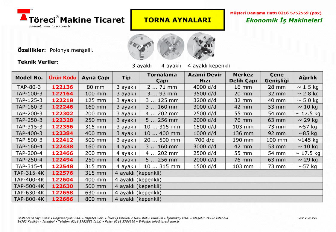 80 - 800 mm çapında 3 veya 4 ayaklı Polonya menşeli üniversal torna aynası.