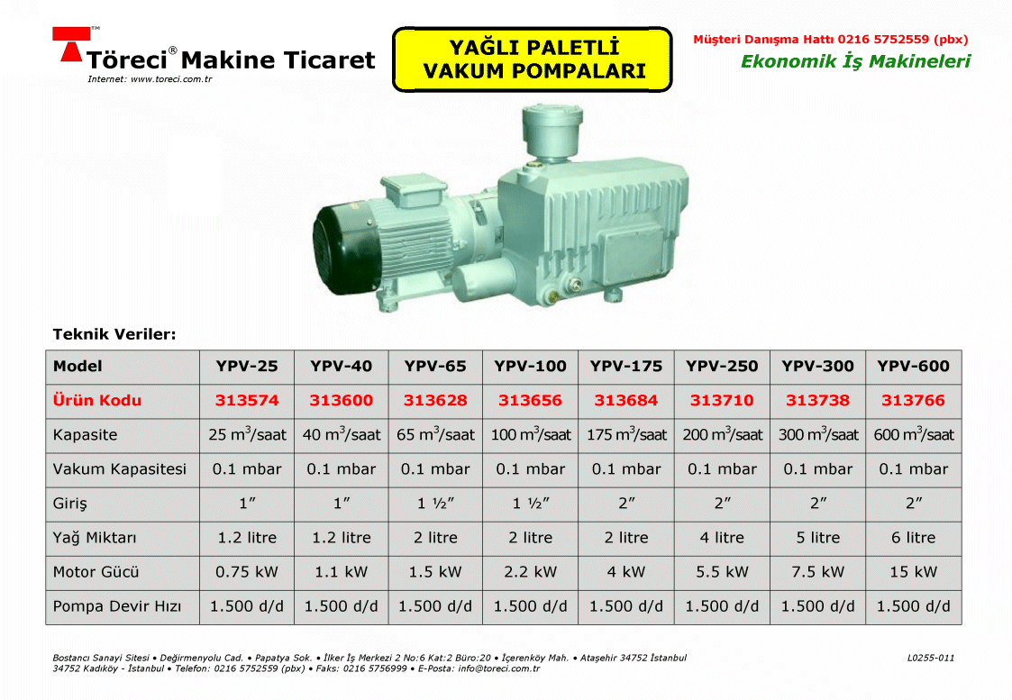 25 - 600 m3/saat kapasiteli 0.75 - 15 kW motorlu yağlı paletli vakum pompası.