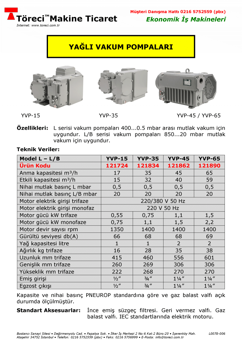 15 - 65 m3/saat kapasiteli yağlı vakum pompası.