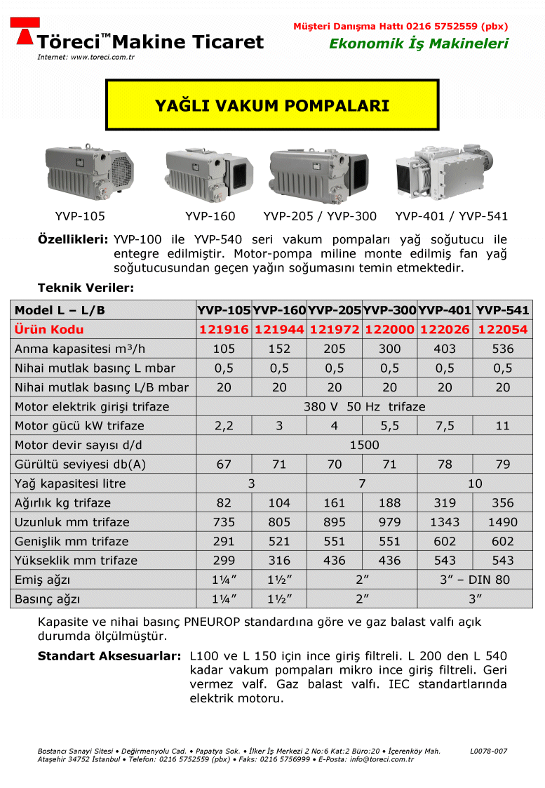 105 - 541 m3/saat kapasiteli yağlı vakum pompası.