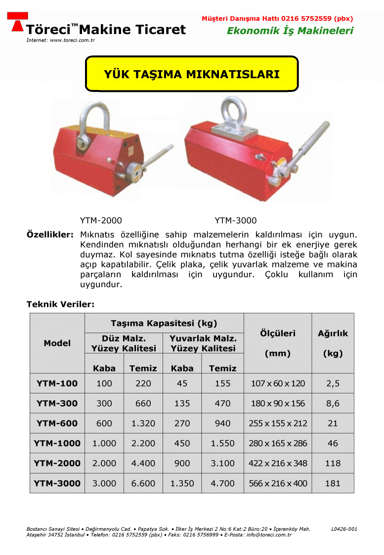 100 - 3.000 kg taşıma kapasiteli yük kaldırma ve taşıma mıknatısı.